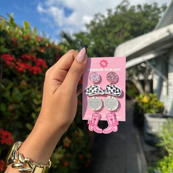 Pink Cowgirl Disco Earrings | Western Glam Statement Jewelry - Picture 2 of 3